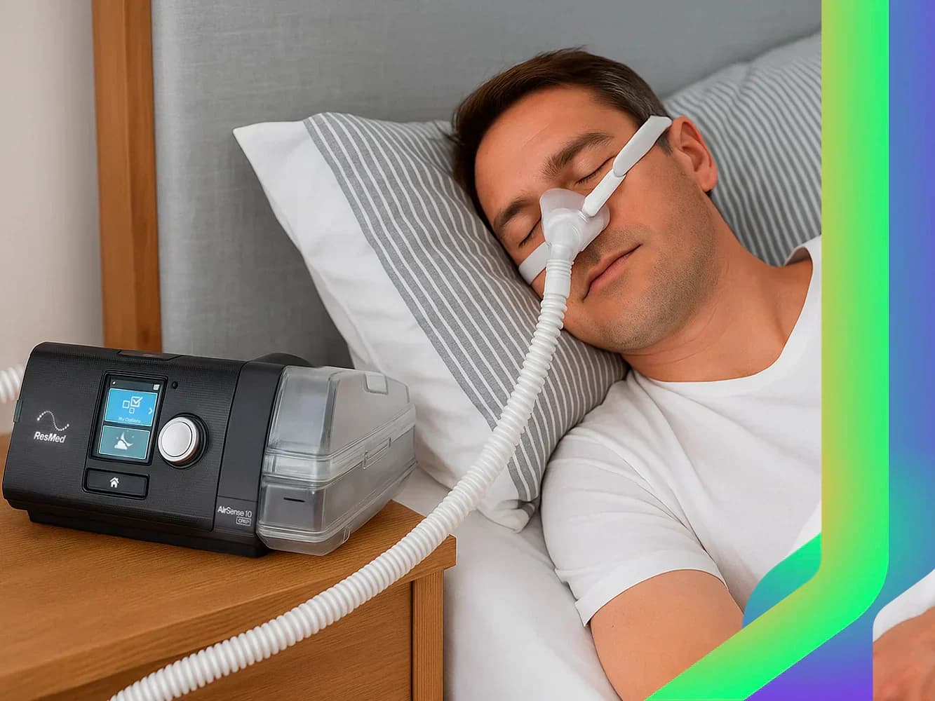 Paciente adulto usando mascarilla nasal con CPAP